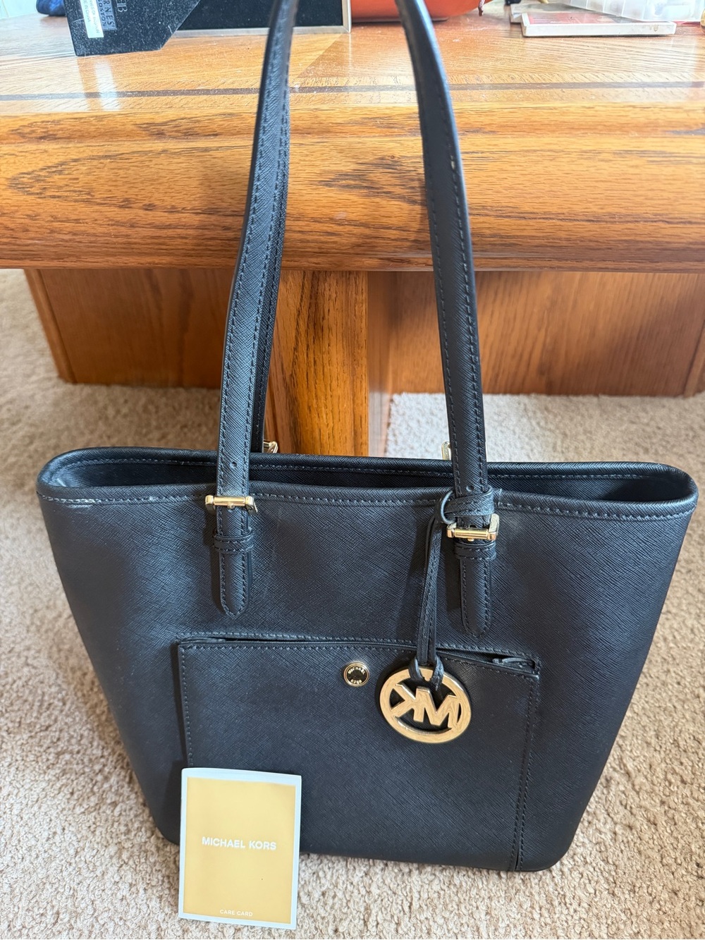 Michael Kors Black Saffiano Leather Tote with Gold MK Charm